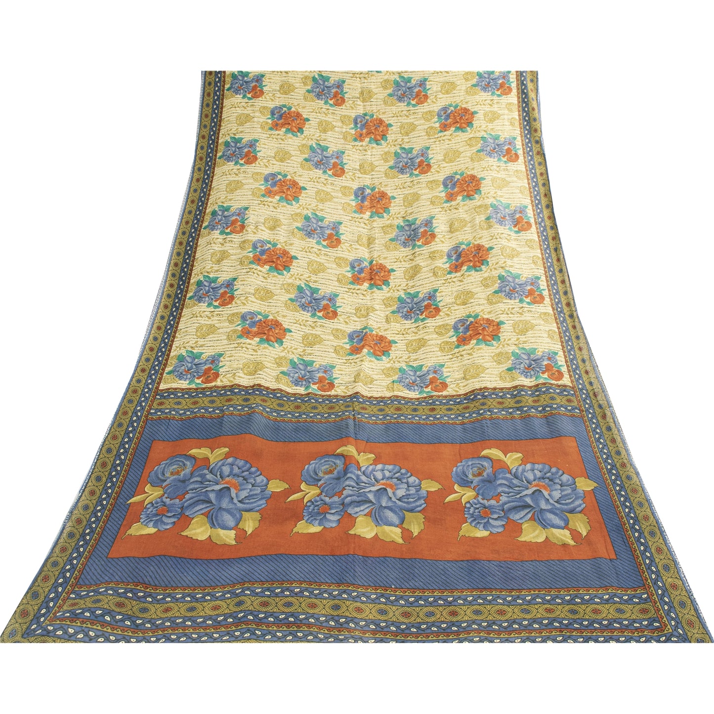 Sanskriti Vintage Sarees Indian Ivory Pure Cotton Printed Sari 5+yd Craft Fabric