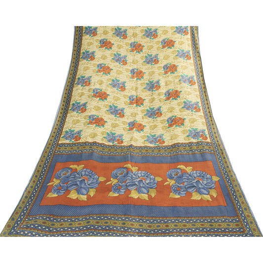 Sanskriti Vintage Sarees Indian Ivory Pure Cotton Printed Sari 5+yd Craft Fabric
