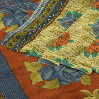 Sanskriti Vintage Sarees Indian Ivory Pure Cotton Printed Sari 5+yd Craft Fabric