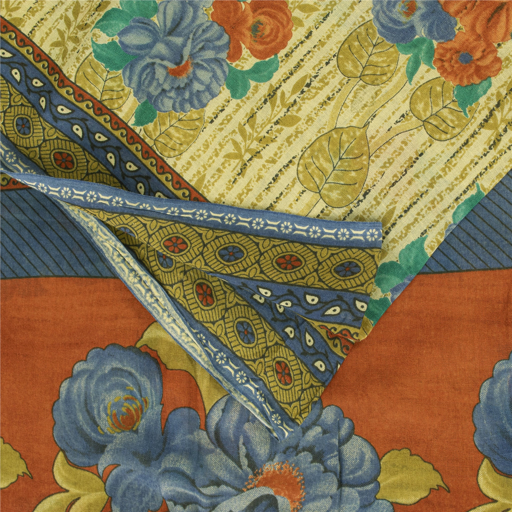 Sanskriti Vintage Sarees Indian Ivory Pure Cotton Printed Sari 5+yd Craft Fabric