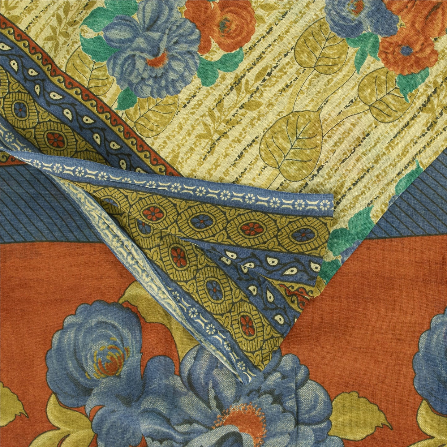 Sanskriti Vintage Sarees Indian Ivory Pure Cotton Printed Sari 5+yd Craft Fabric