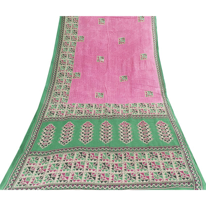 Sanskriti Vintage Sarees Indian Pink Pure Cotton Printed Sari 5+yd Craft Fabric