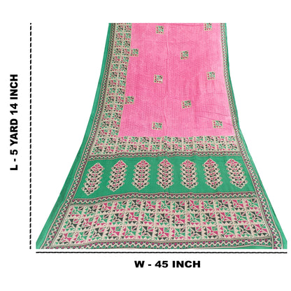 Sanskriti Vintage Sarees Indian Pink Pure Cotton Printed Sari 5+yd Craft Fabric