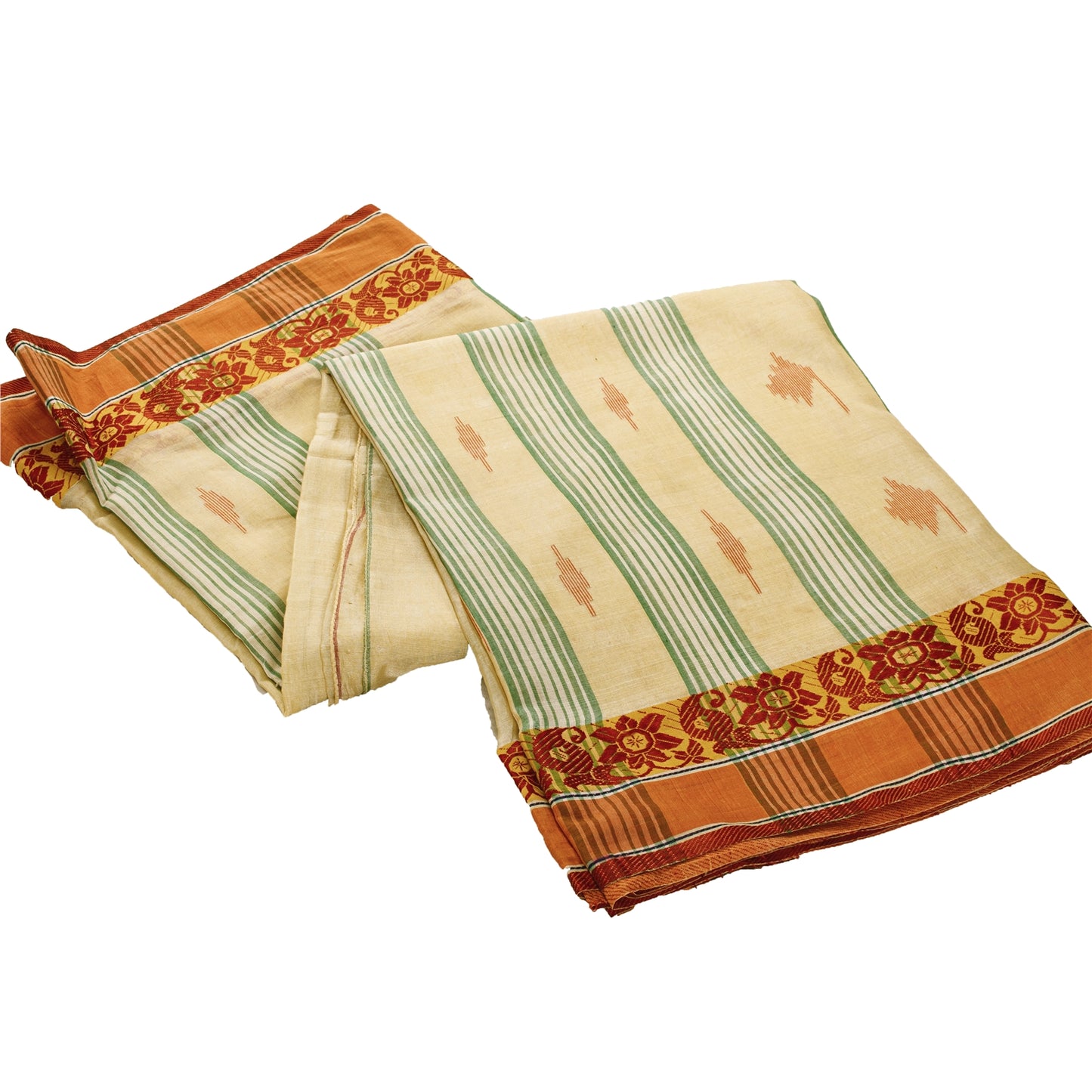 Sanskriti Vintage Sarees Ivory Tant Hand WovenPure Cotton Sari 5+yd Craft Fabric