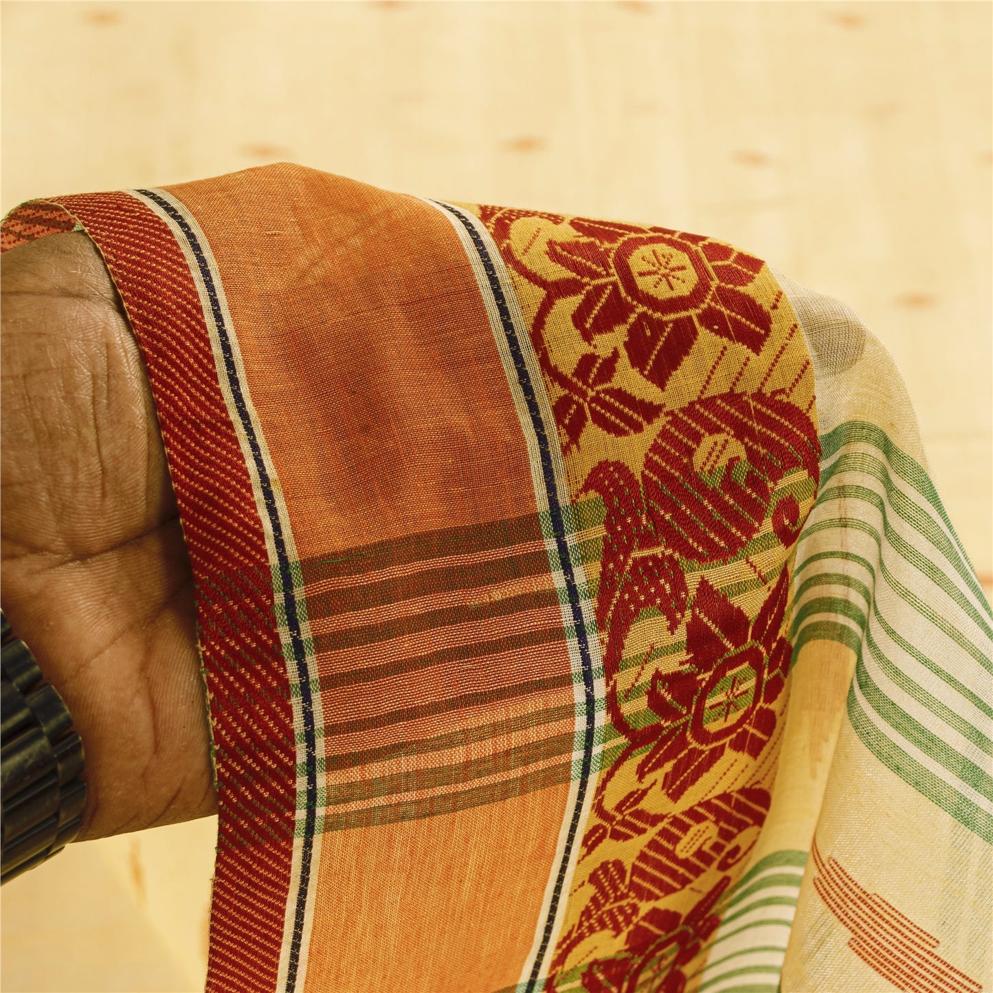 Sanskriti Vintage Sarees Ivory Tant Hand WovenPure Cotton Sari 5+yd Craft Fabric