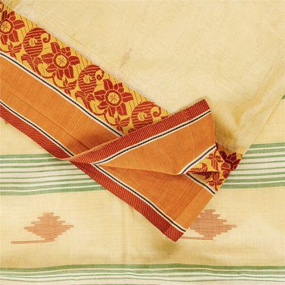 Sanskriti Vintage Sarees Ivory Tant Hand WovenPure Cotton Sari 5+yd Craft Fabric
