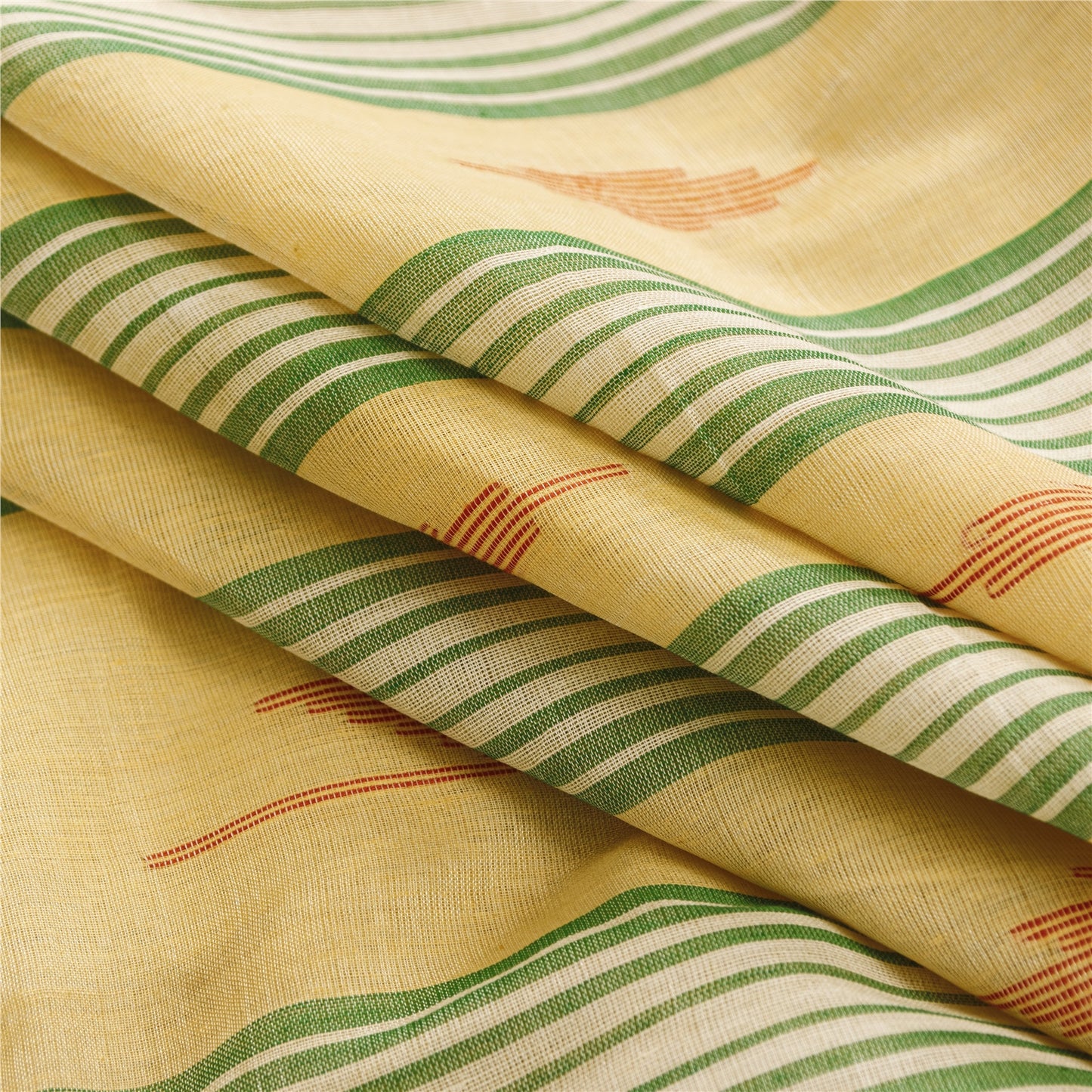 Sanskriti Vintage Sarees Ivory Tant Hand WovenPure Cotton Sari 5+yd Craft Fabric