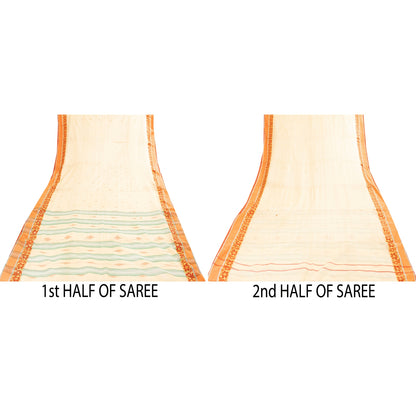 Sanskriti Vintage Sarees Ivory Tant Hand WovenPure Cotton Sari 5+yd Craft Fabric