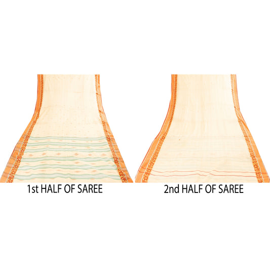 Sanskriti Vintage Sarees Ivory Tant Hand WovenPure Cotton Sari 5+yd Craft Fabric