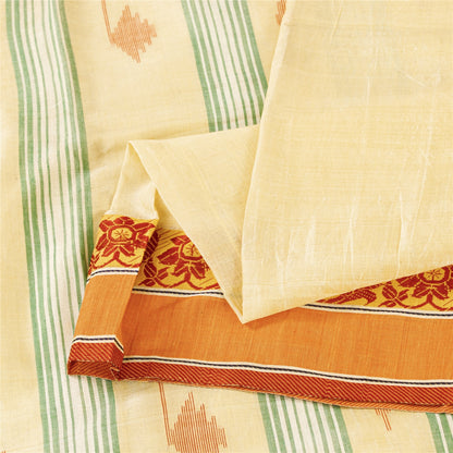 Sanskriti Vintage Sarees Ivory Tant Hand WovenPure Cotton Sari 5+yd Craft Fabric