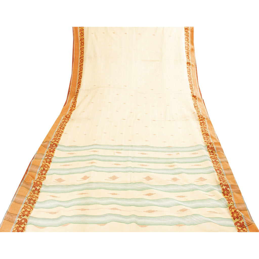 Sanskriti Vintage Sarees Ivory Tant Hand WovenPure Cotton Sari 5+yd Craft Fabric
