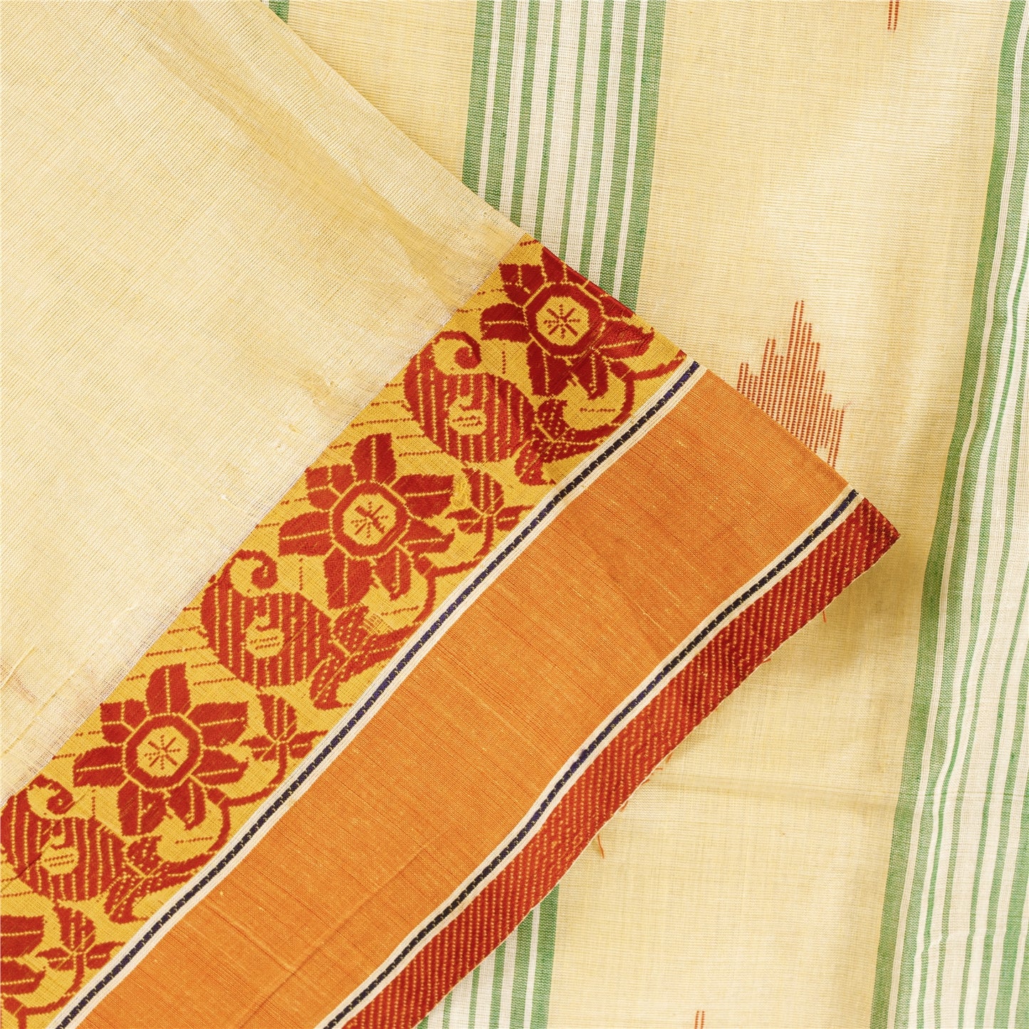 Sanskriti Vintage Sarees Ivory Tant Hand WovenPure Cotton Sari 5+yd Craft Fabric