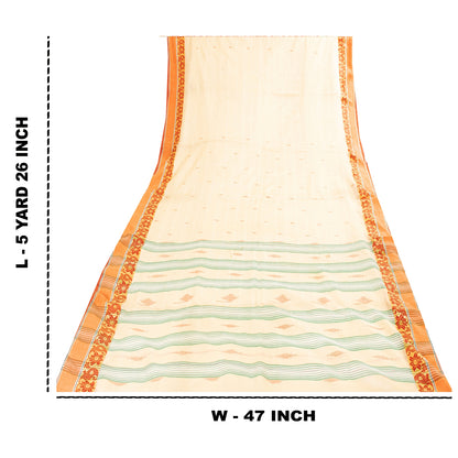 Sanskriti Vintage Sarees Ivory Tant Hand WovenPure Cotton Sari 5+yd Craft Fabric