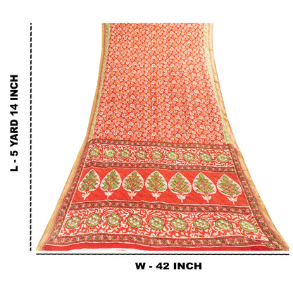 Sanskriti Vintage Sarees Indian Red Pure Cotton Printed Sari 5+yd Craft Fabric