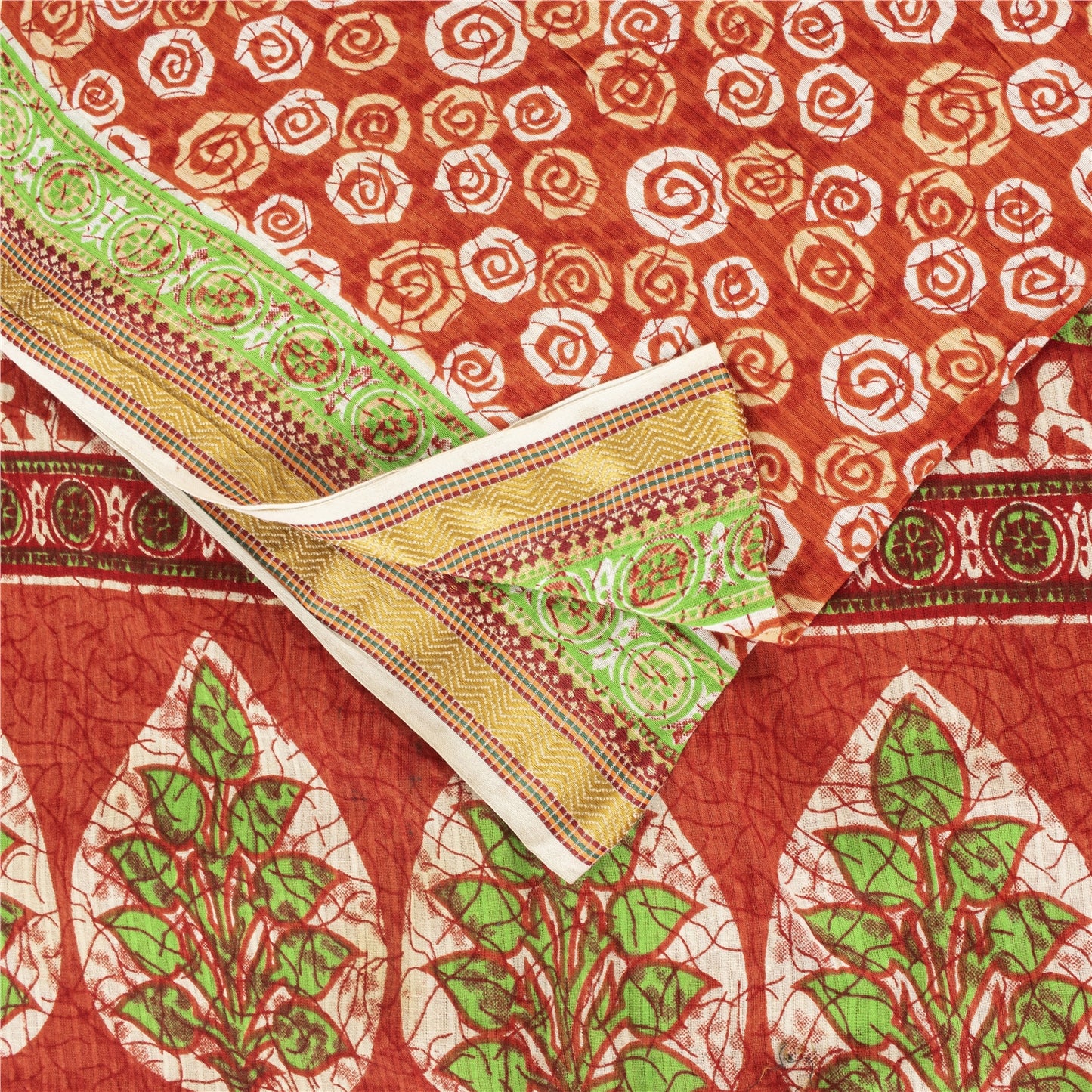 Sanskriti Vintage Sarees Indian Red Pure Cotton Printed Sari 5+yd Craft Fabric