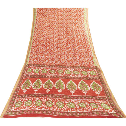 Sanskriti Vintage Sarees Indian Red Pure Cotton Printed Sari 5+yd Craft Fabric
