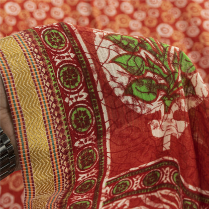 Sanskriti Vintage Sarees Indian Red Pure Cotton Printed Sari 5+yd Craft Fabric