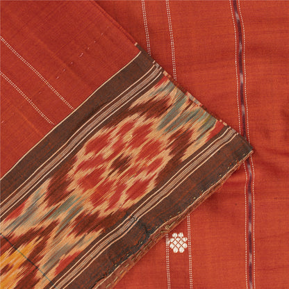Sanskriti Vintage Sarees Orange Ikat Handwoven Odisha Pure Silk Sari 5+yd Fabric