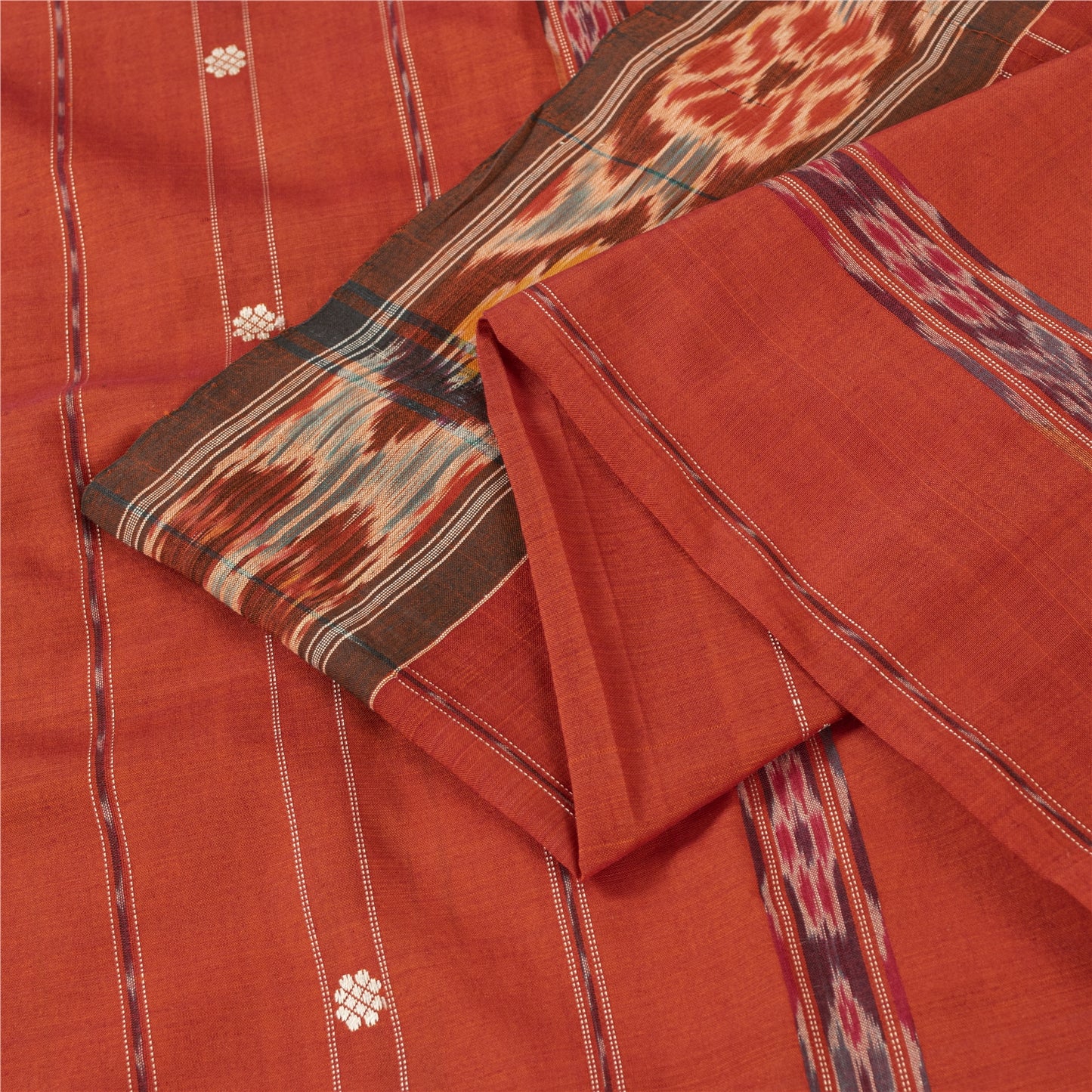 Sanskriti Vintage Sarees Orange Ikat Handwoven Odisha Pure Silk Sari 5+yd Fabric