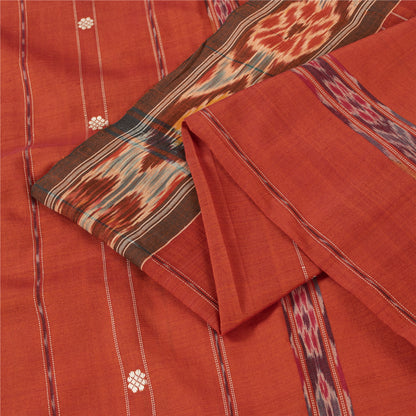 Sanskriti Vintage Sarees Orange Ikat Handwoven Odisha Pure Silk Sari 5+yd Fabric