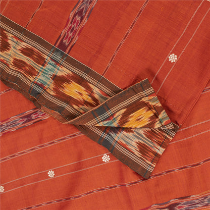 Sanskriti Vintage Sarees Orange Ikat Handwoven Odisha Pure Silk Sari 5+yd Fabric