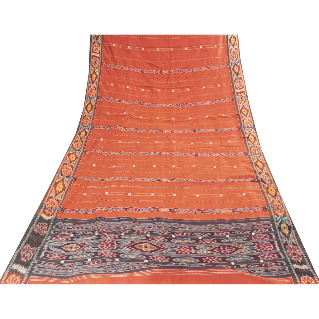 Sanskriti Vintage Sarees Orange Ikat Handwoven Odisha Pure Silk Sari 5+yd Fabric