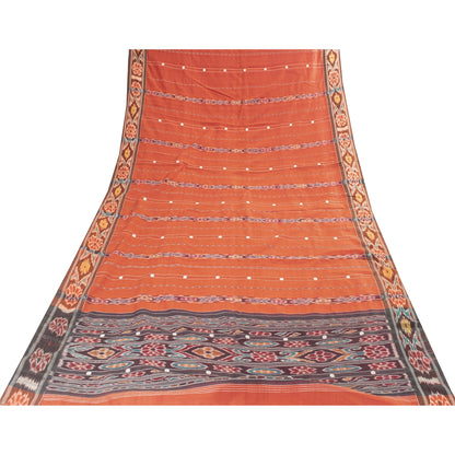 Sanskriti Vintage Sarees Orange Ikat Handwoven Odisha Pure Silk Sari 5+yd Fabric