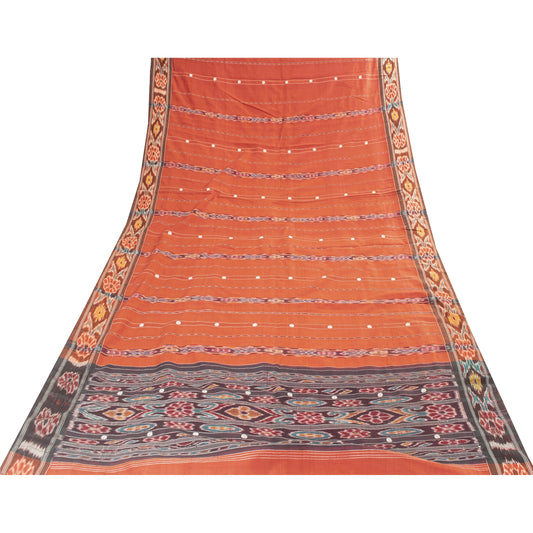 Sanskriti Vintage Sarees Orange Ikat Handwoven Odisha Pure Silk Sari 5+yd Fabric