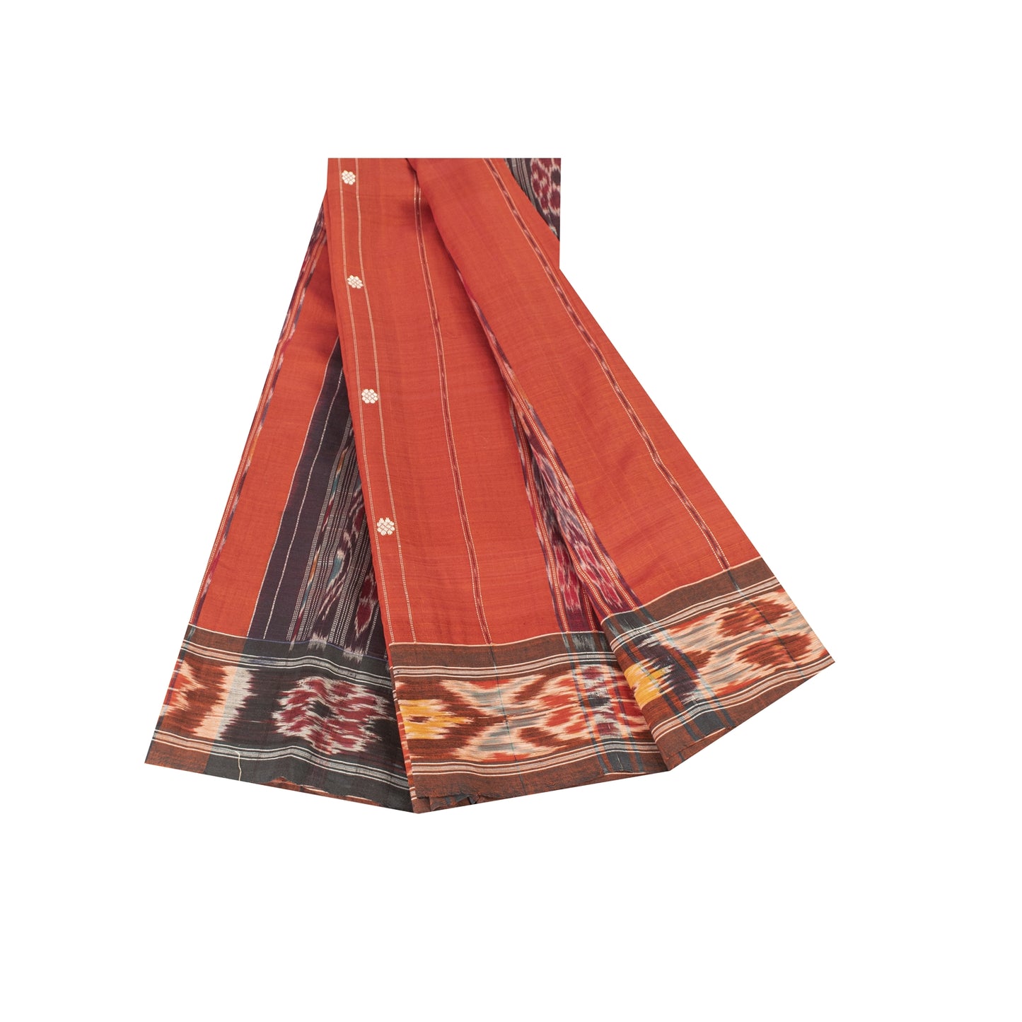 Sanskriti Vintage Sarees Orange Ikat Handwoven Odisha Pure Silk Sari 5+yd Fabric