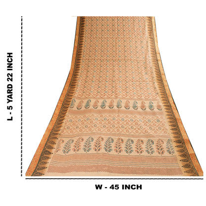 Sanskriti Vintage Sarees Indian Peach Pure Cotton Printed Sari 5+yd Craft Fabric