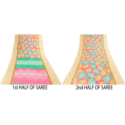 Sanskriti Vintage Sarees Indian Pink Pure Cotton Printed Sari 5+yd Craft Fabric