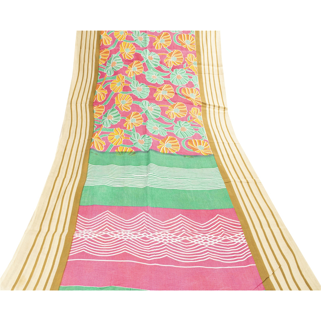 Sanskriti Vintage Sarees Indian Pink Pure Cotton Printed Sari 5+yd Craft Fabric