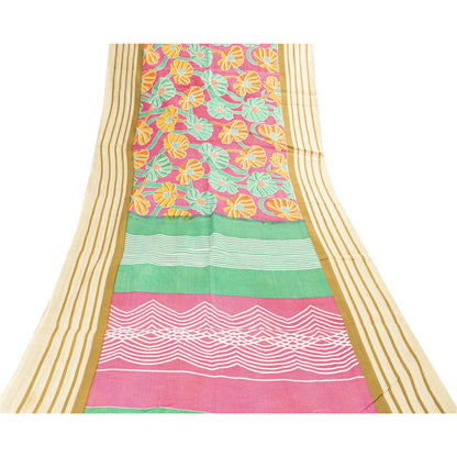 Sanskriti Vintage Sarees Indian Pink Pure Cotton Printed Sari 5+yd Craft Fabric