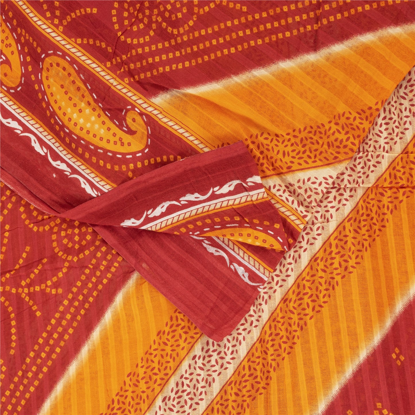 Sanskriti Vintage Sarees Yellow & Red Pure Cotton Bandhani Printed Sari Fabric