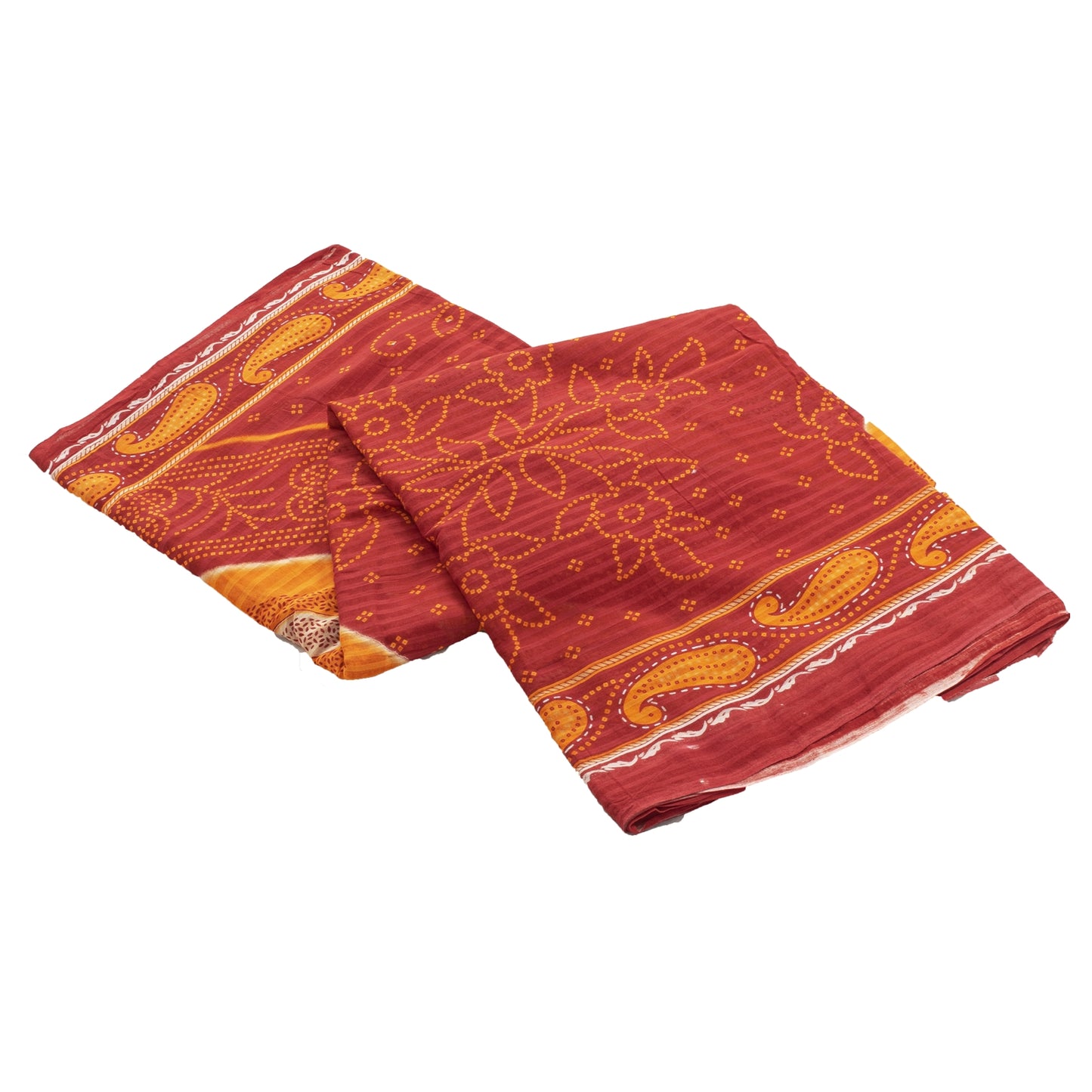 Sanskriti Vintage Sarees Yellow & Red Pure Cotton Bandhani Printed Sari Fabric