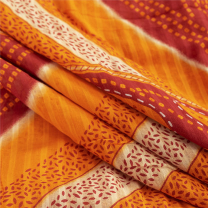 Sanskriti Vintage Sarees Yellow & Red Pure Cotton Bandhani Printed Sari Fabric