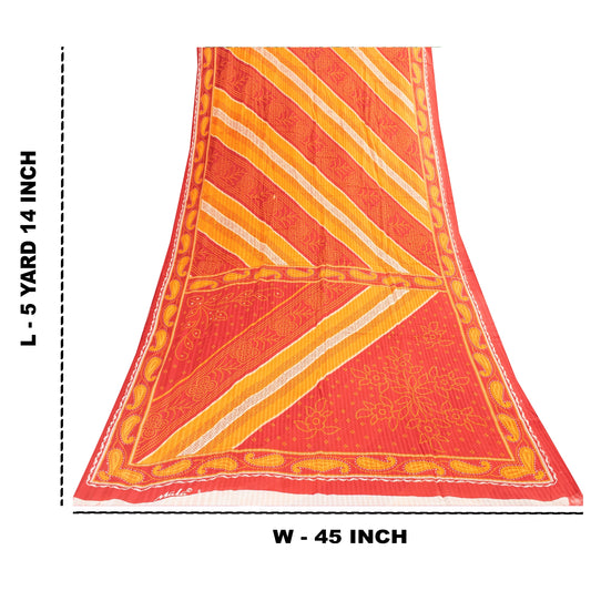 Sanskriti Vintage Sarees Yellow & Red Pure Cotton Bandhani Printed Sari Fabric