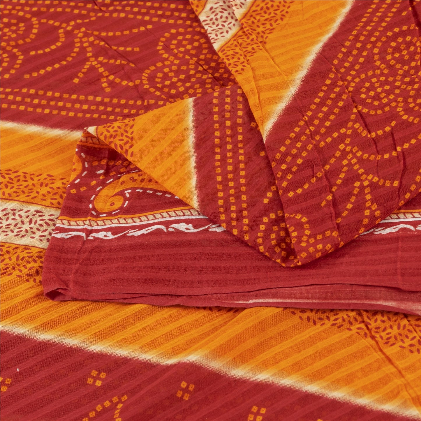 Sanskriti Vintage Sarees Yellow & Red Pure Cotton Bandhani Printed Sari Fabric