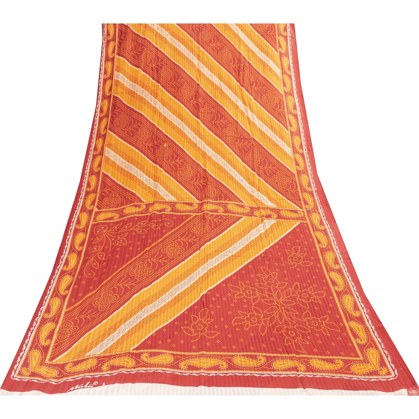 Sanskriti Vintage Sarees Yellow & Red Pure Cotton Bandhani Printed Sari Fabric