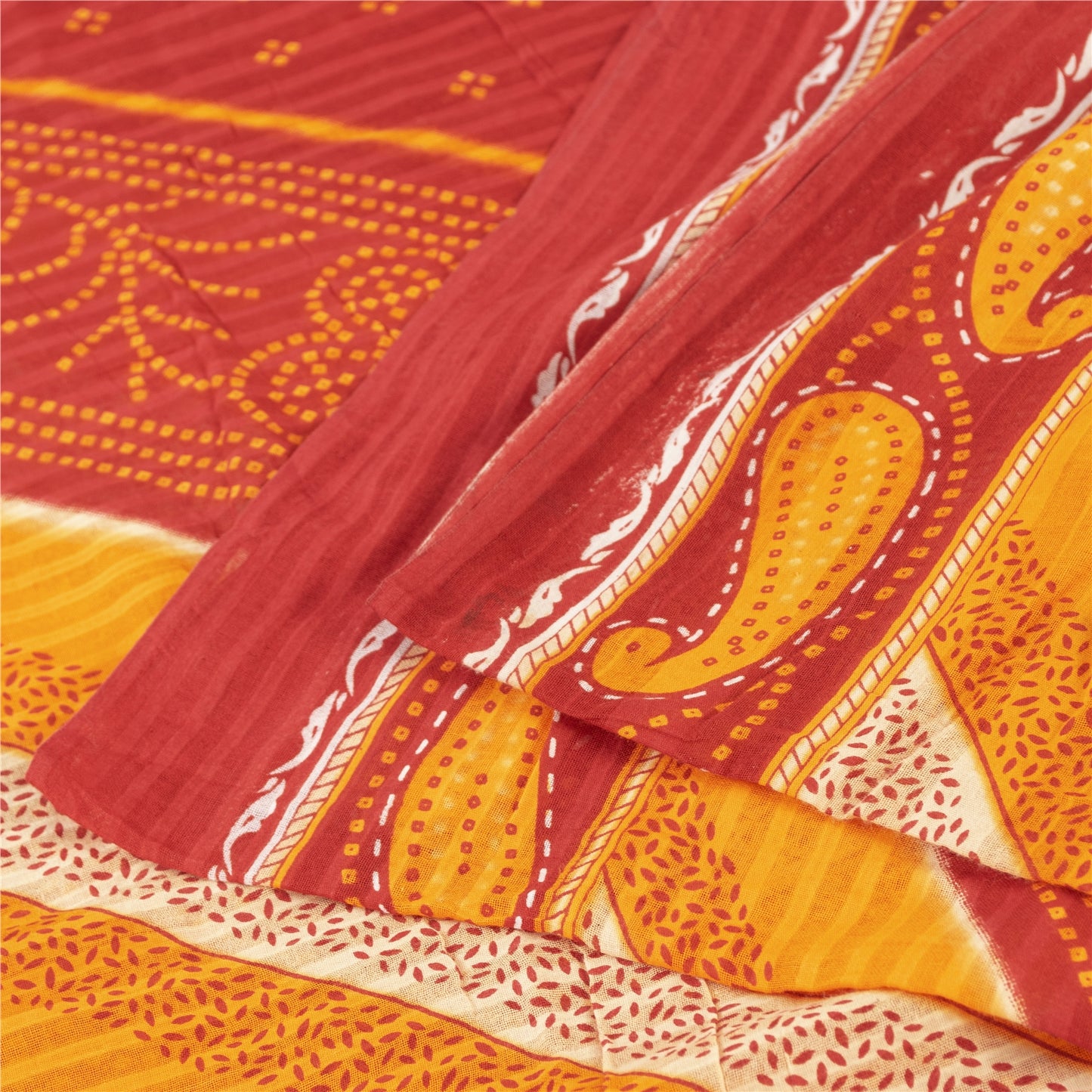 Sanskriti Vintage Sarees Yellow & Red Pure Cotton Bandhani Printed Sari Fabric