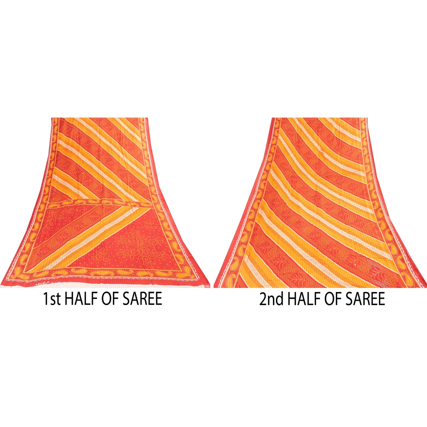 Sanskriti Vintage Sarees Yellow & Red Pure Cotton Bandhani Printed Sari Fabric