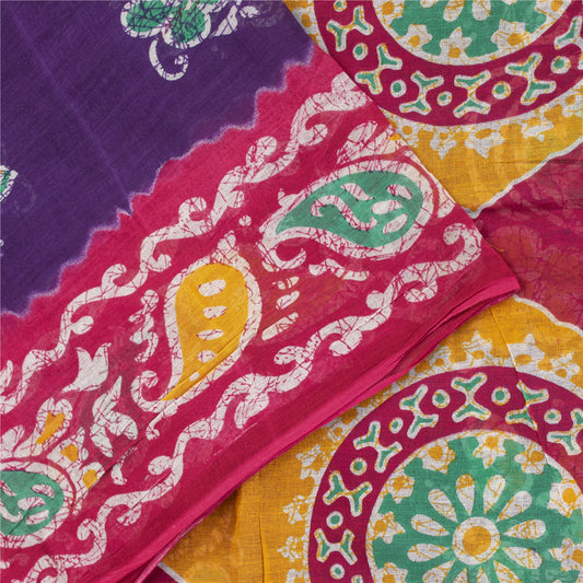 Sanskriti Vintage Sarees Purple & Pink Pure Cotton Batik Print Sari 5+yd Fabric
