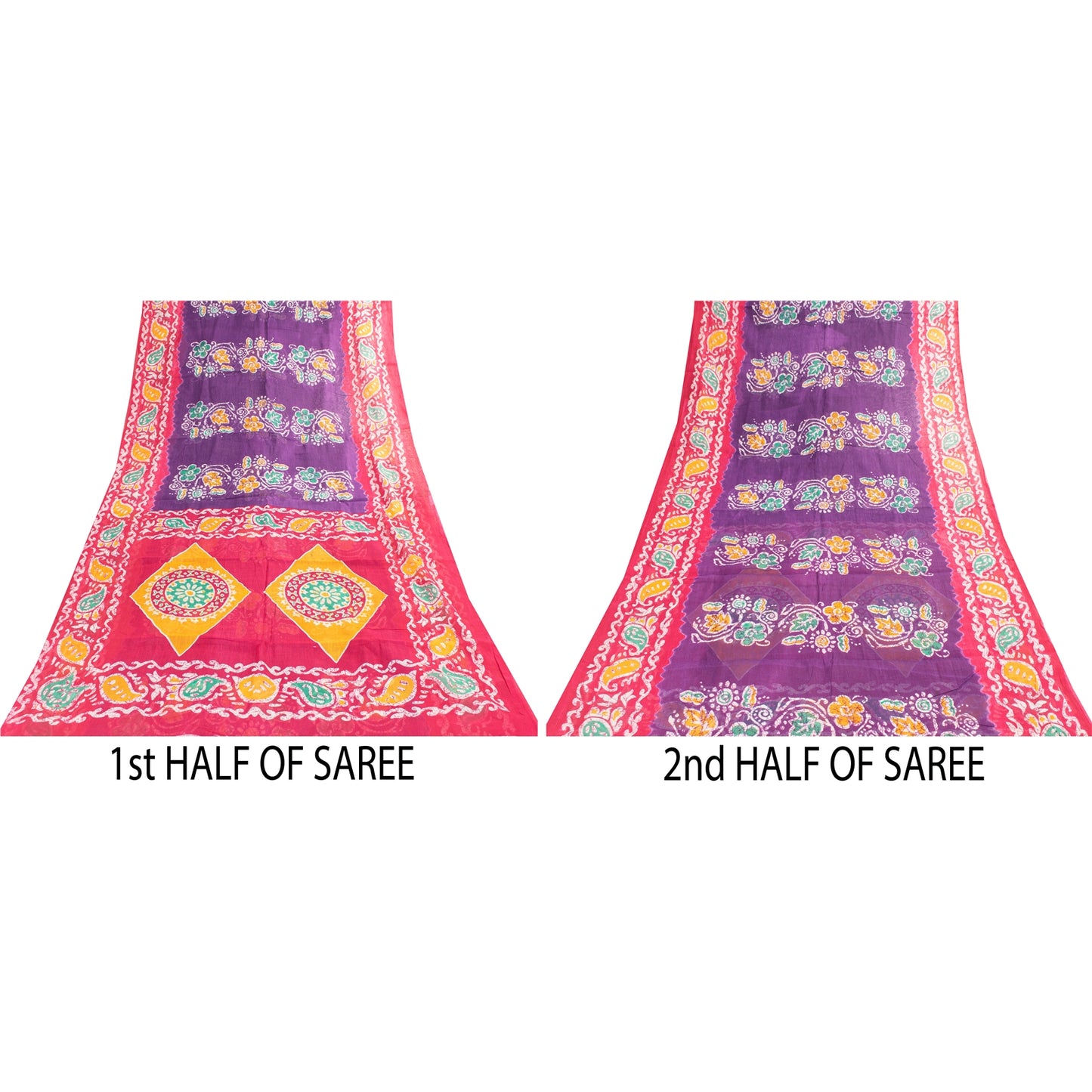 Sanskriti Vintage Sarees Purple & Pink Pure Cotton Batik Print Sari 5+yd Fabric