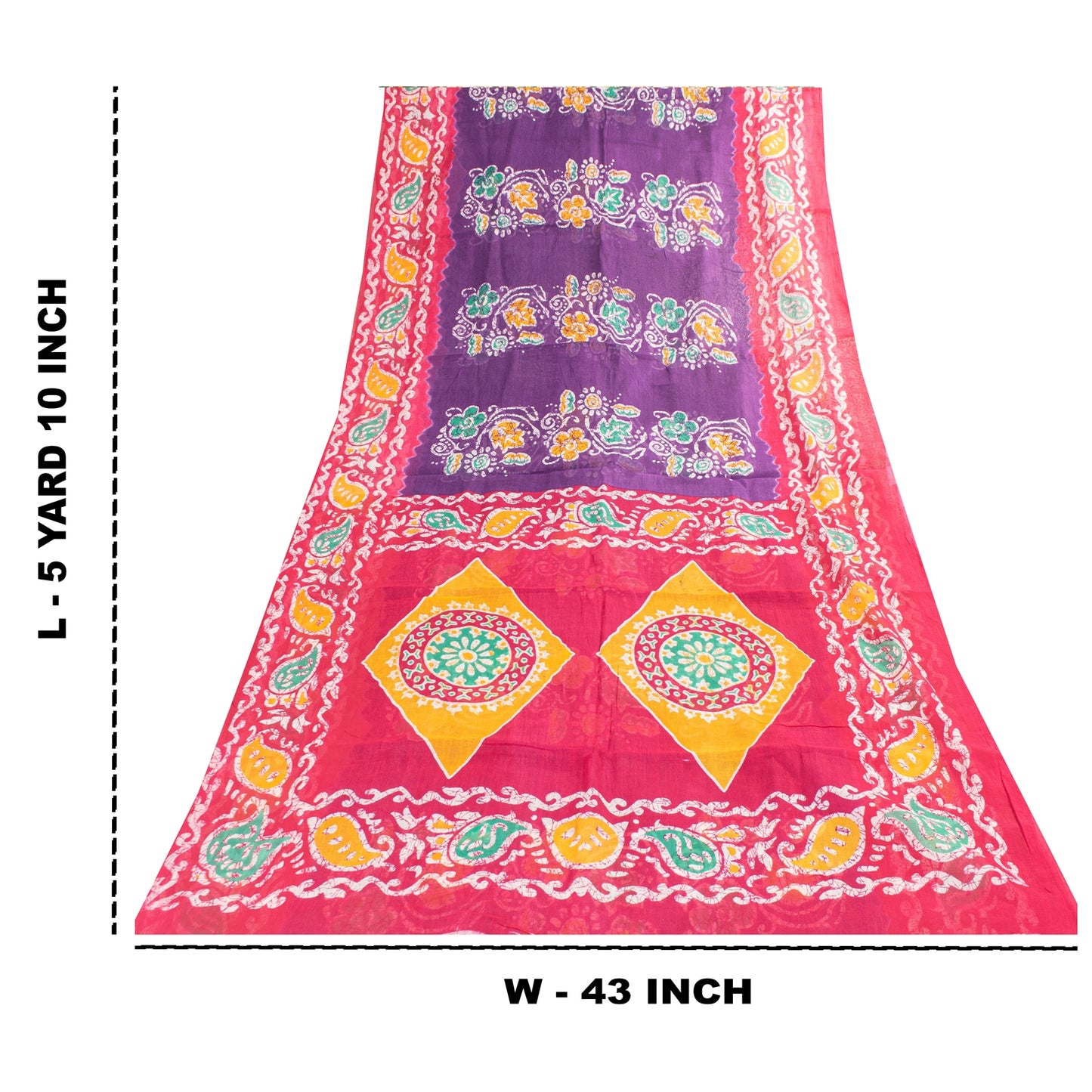 Sanskriti Vintage Sarees Purple & Pink Pure Cotton Batik Print Sari 5+yd Fabric