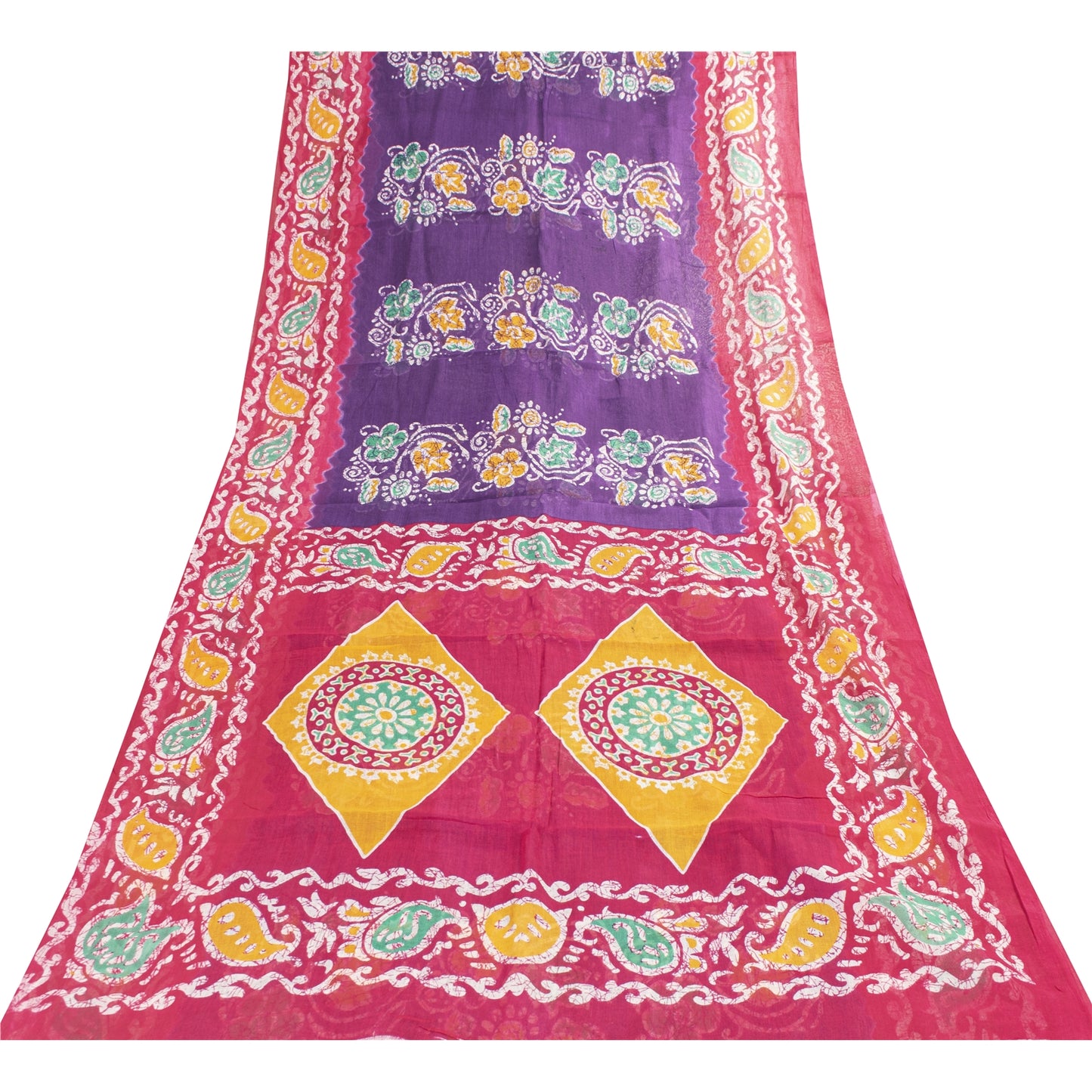 Sanskriti Vintage Sarees Purple & Pink Pure Cotton Batik Print Sari 5+yd Fabric