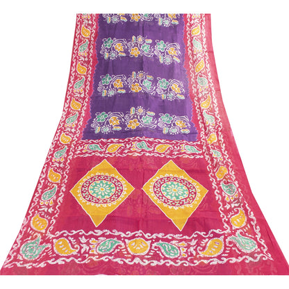 Sanskriti Vintage Sarees Purple & Pink Pure Cotton Batik Print Sari 5+yd Fabric