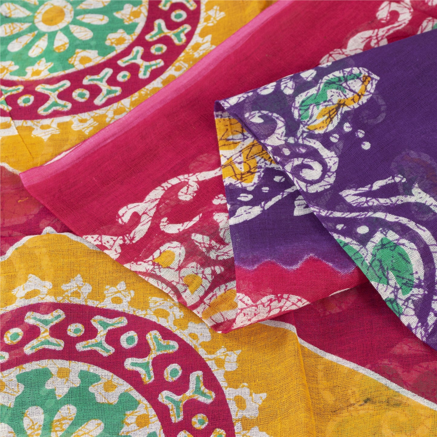 Sanskriti Vintage Sarees Purple & Pink Pure Cotton Batik Print Sari 5+yd Fabric