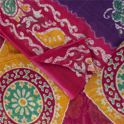 Sanskriti Vintage Sarees Purple & Pink Pure Cotton Batik Print Sari 5+yd Fabric