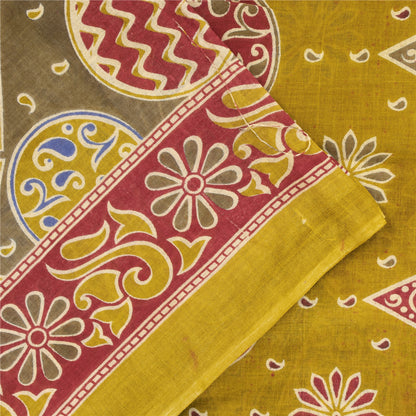 Sanskriti Vintage Sarees Indian Green Pure Cotton Print Sari 5+yd Craft Fabric