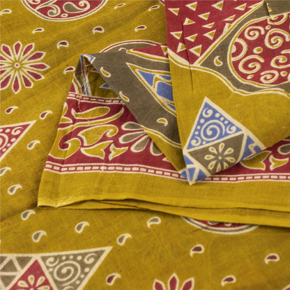 Sanskriti Vintage Sarees Indian Green Pure Cotton Print Sari 5+yd Craft Fabric